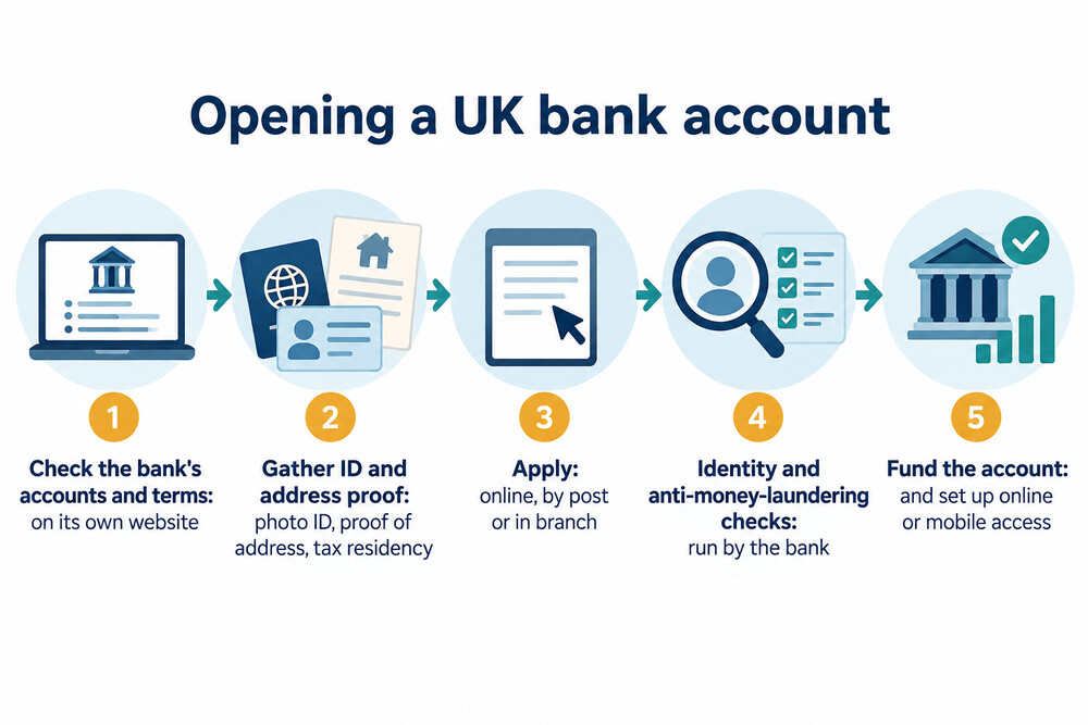 A numbered sequence showing the steps to open a UK bank account