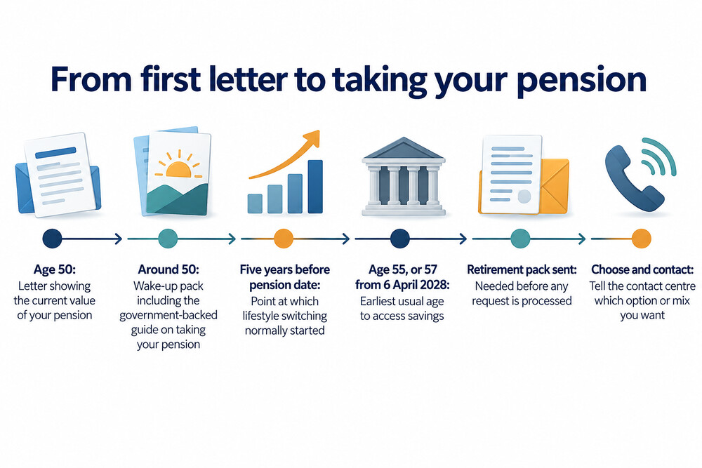 A timeline of the steps from age 50 to taking a Phoenix Life pension