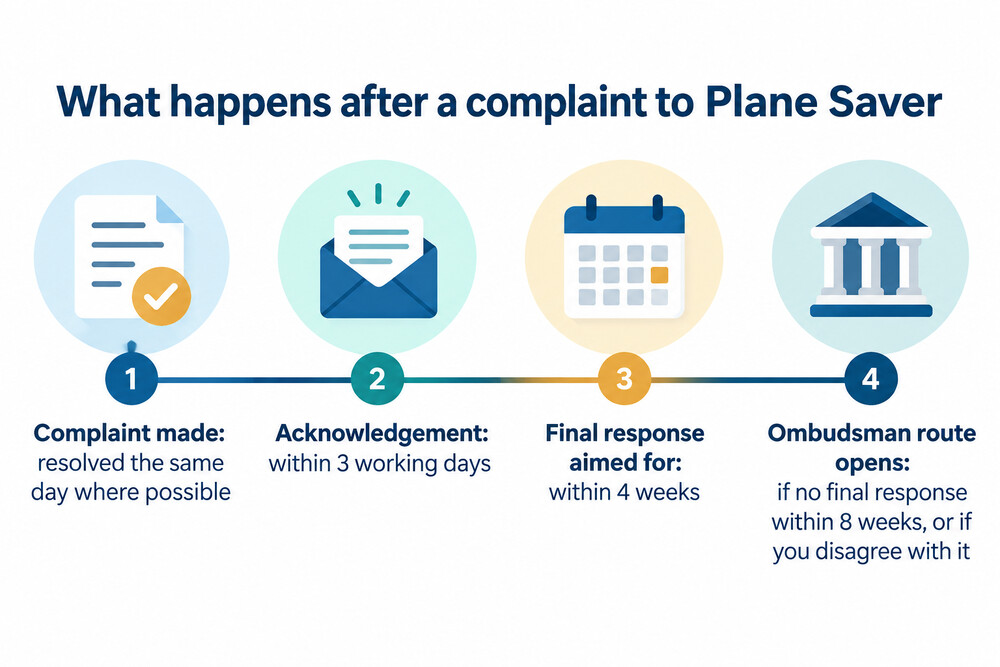 Timeline of a Plane Saver complaint, from acknowledgement to referral to the ombudsman