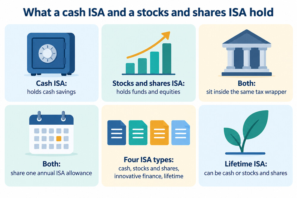 A phone screen showing an ISA account with a cash balance and an investments balance side by side