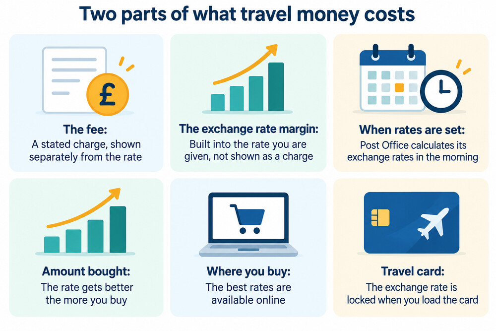 A breakdown of the parts that make up the cost of buying travel money: the exchange rate, any order or delivery fee, and card fees abroad