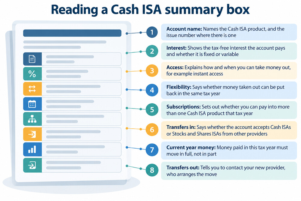 A Cash ISA summary box document showing the key terms of a Progressive Cash ISA