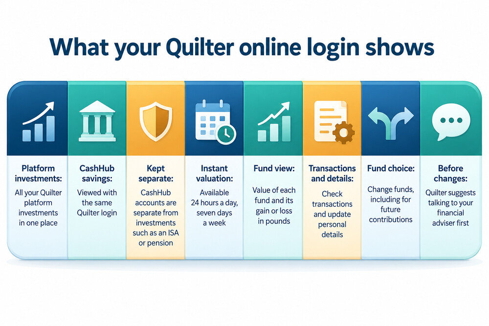 The Quilter app dashboard showing a customer's investments and CashHub savings