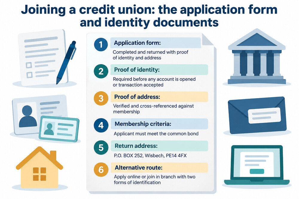 A completed credit union application form with identity documents attached