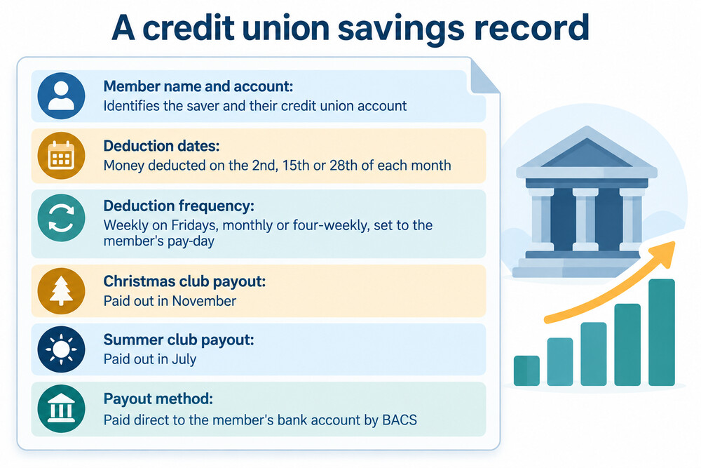 A member's passbook or statement showing regular deductions into a Christmas savings club