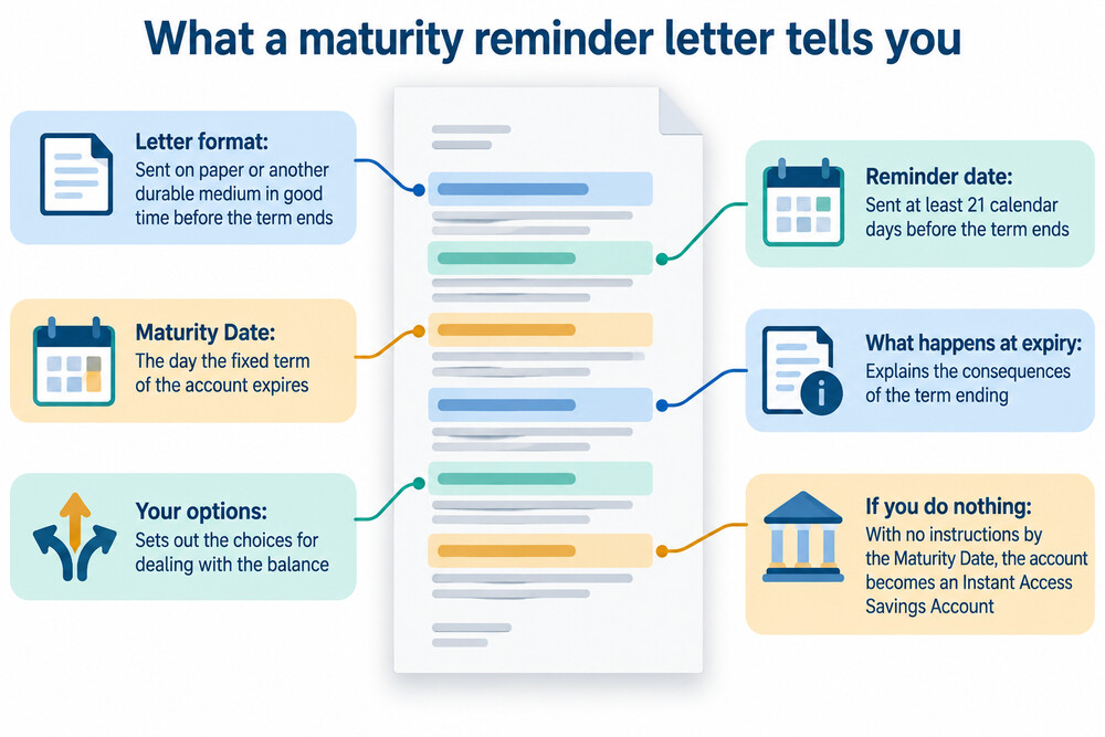 A maturity reminder letter from Reliance Bank, showing the maturity date and the options for the balance