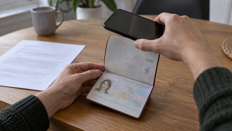 A person completing an online identity verification check on a smartphone, photographing a document