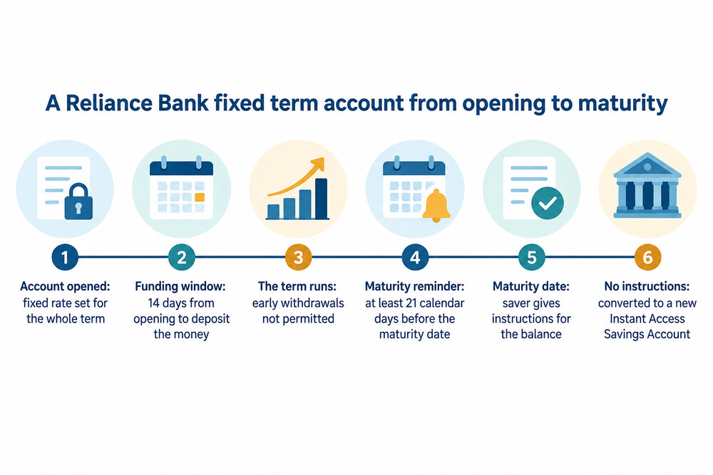 How a Reliance Bank fixed term account runs from opening to maturity