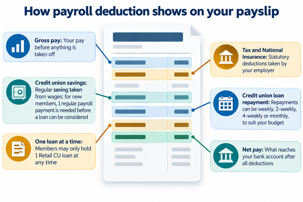 A payslip showing a credit union deduction line alongside tax and National Insurance