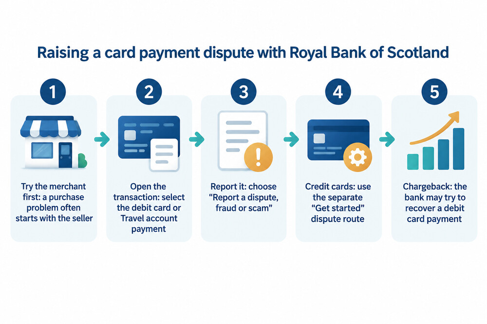 How a disputed card payment is raised in the Royal Bank of Scotland app
