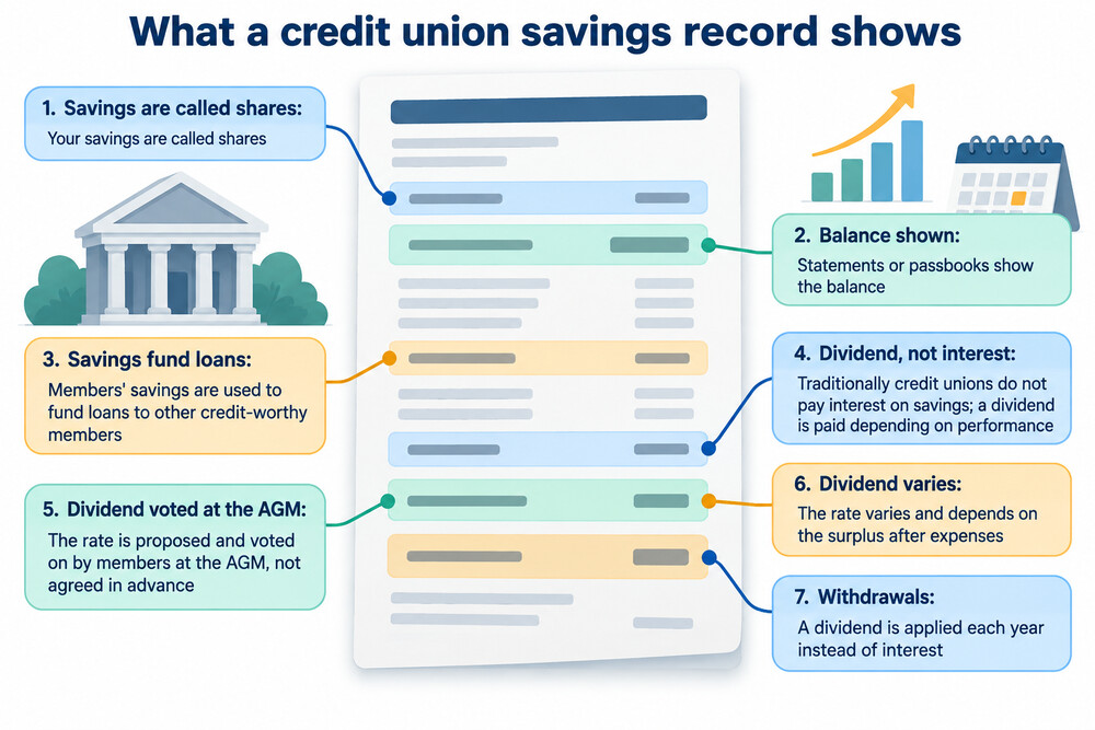 A credit union passbook and a savings statement side by side