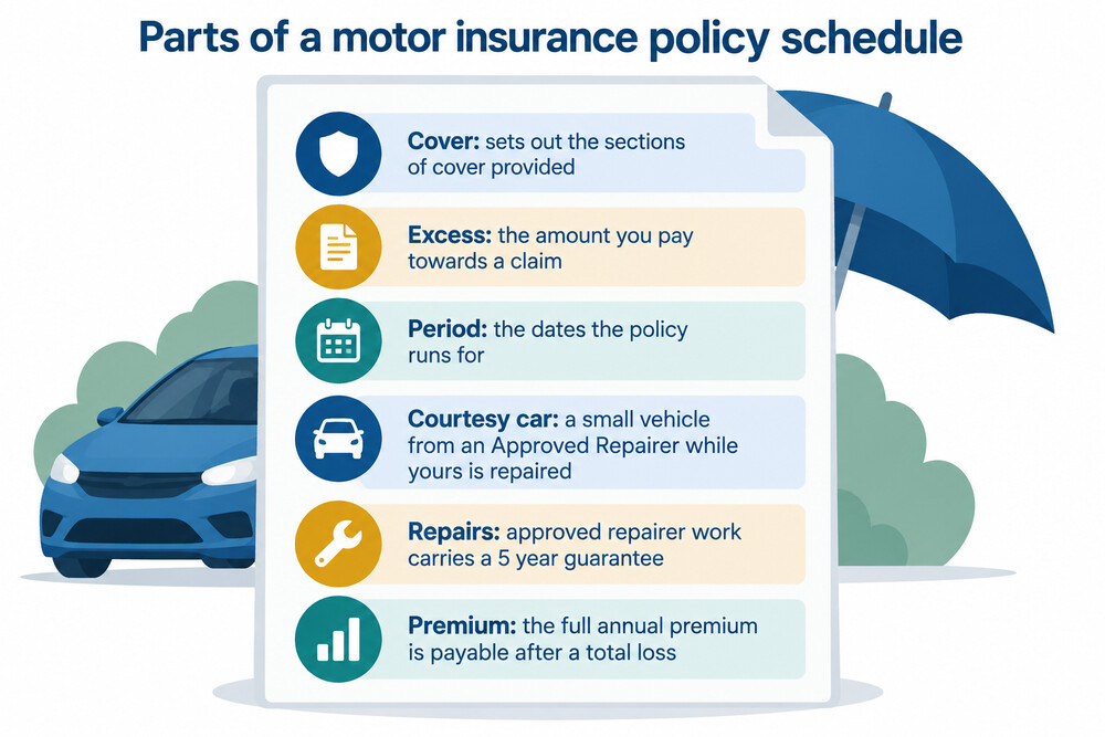 A motor insurance policy schedule showing the sections a driver receives