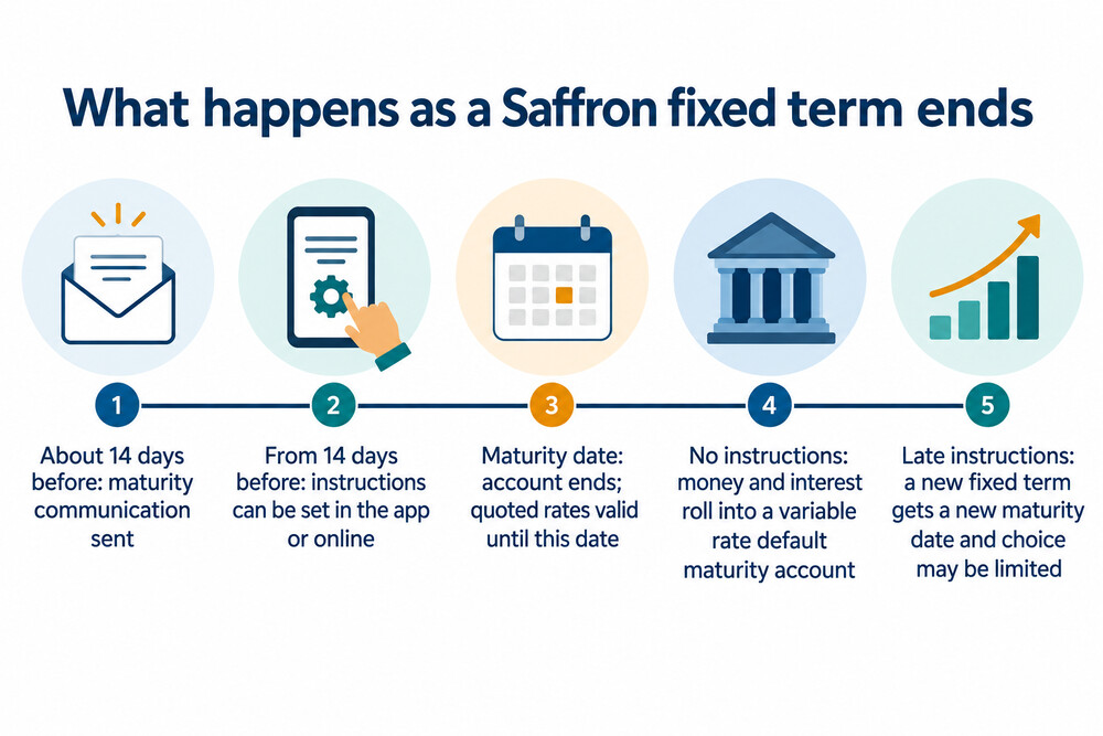 Timeline of a Saffron fixed term account reaching maturity