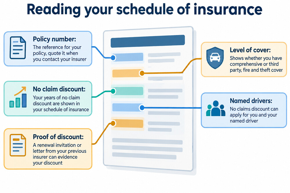 An example of a Sainsbury's Bank car insurance schedule showing where the policy number and cover details appear