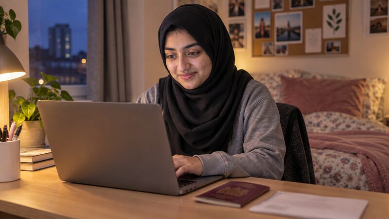 A person completing a credit union membership application on a laptop, with identity documents beside them