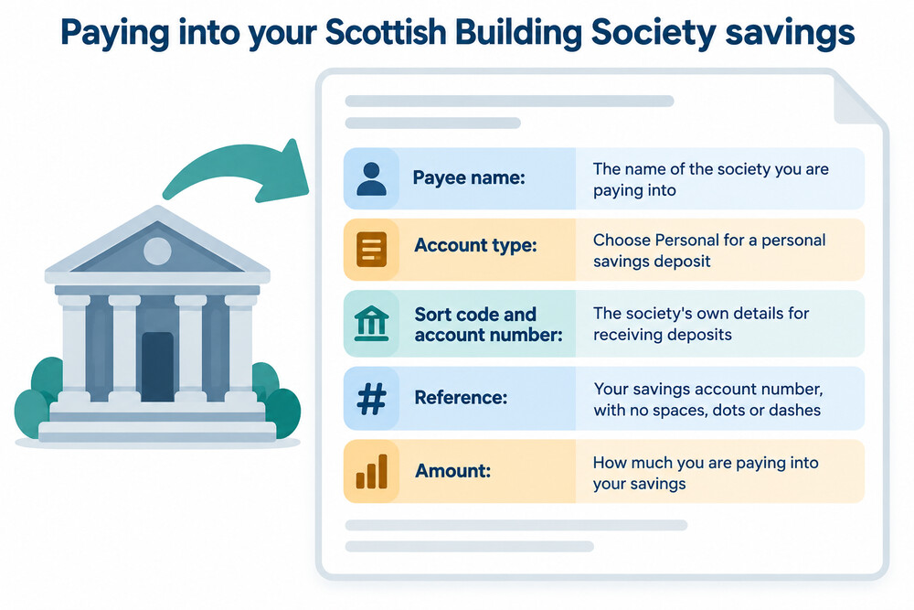 A summary of the payment details needed to transfer money into a Scottish Building Society savings account