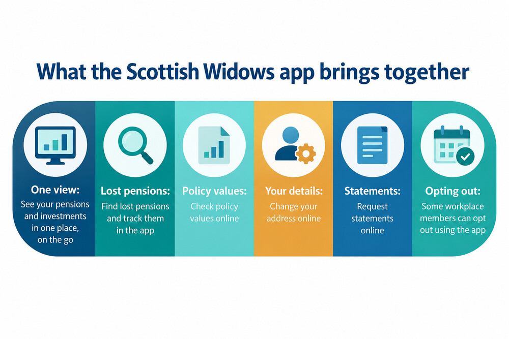 The Scottish Widows app showing a customer's pensions and investments together on one screen