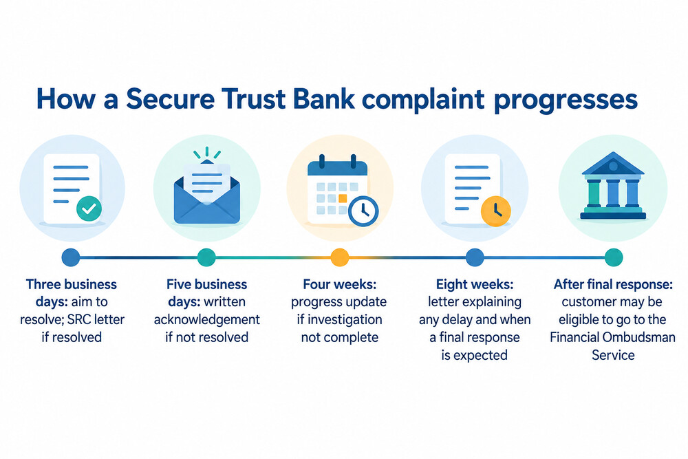 How a Secure Trust Bank complaint moves from first contact to the Financial Ombudsman Service