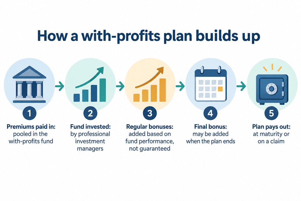 How money in a with-profits plan builds up through premiums and bonuses