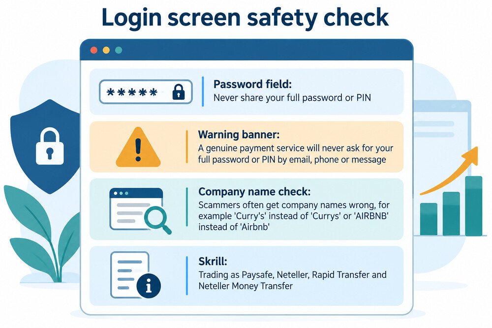 A phone screen showing a Skrill-style login page with a password field and a warning banner about never sharing login details