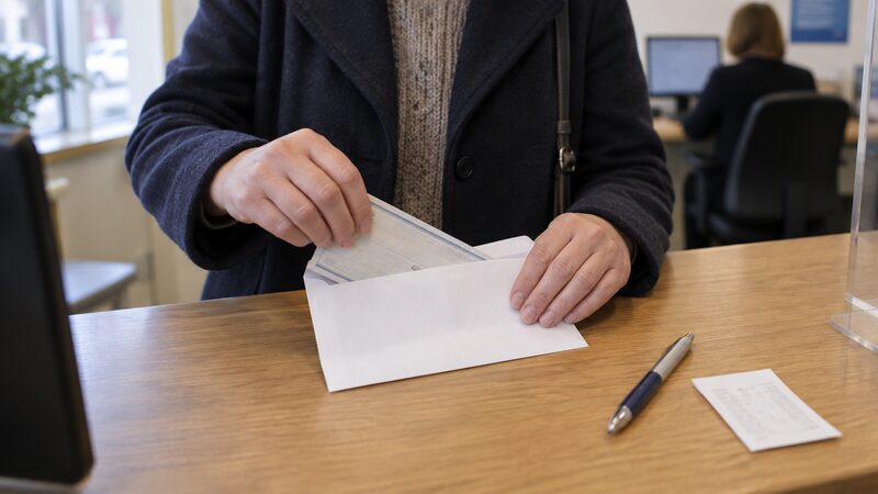 A member filling in a Quick Lodge envelope at a credit union office counter