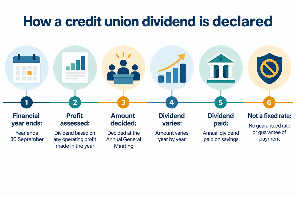A credit union passbook and a savings statement showing an annual dividend entry