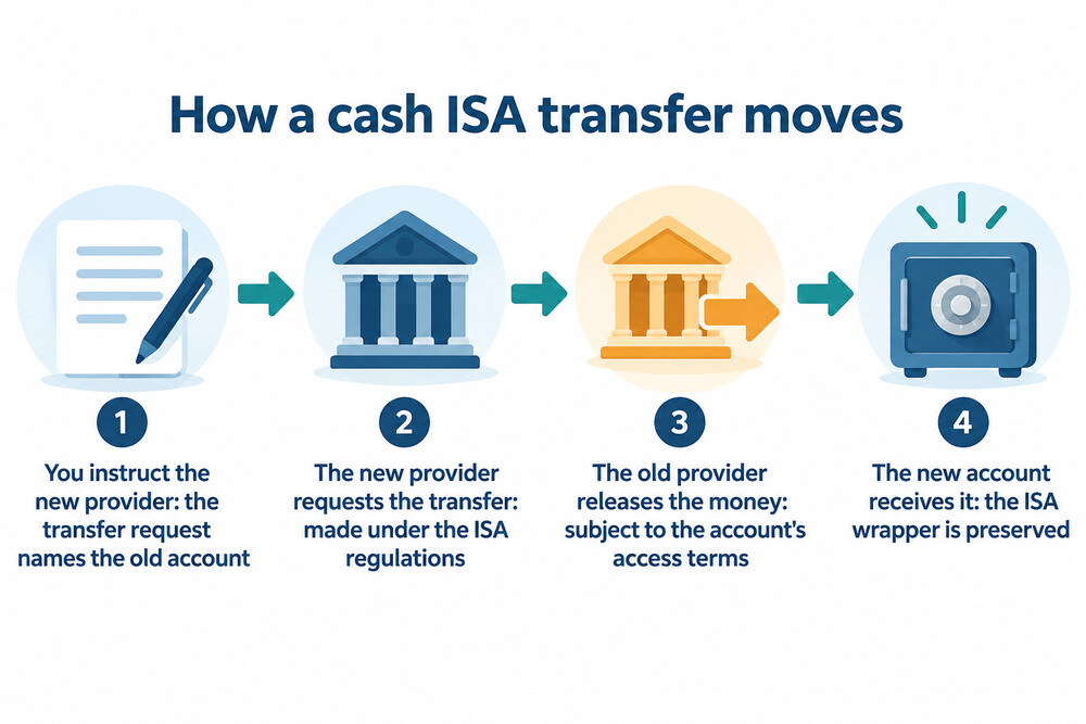 A timeline showing a saver instructing a transfer, the old provider releasing the money, and the new account receiving it