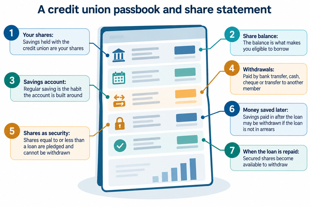 A credit union passbook and share statement showing a savings balance