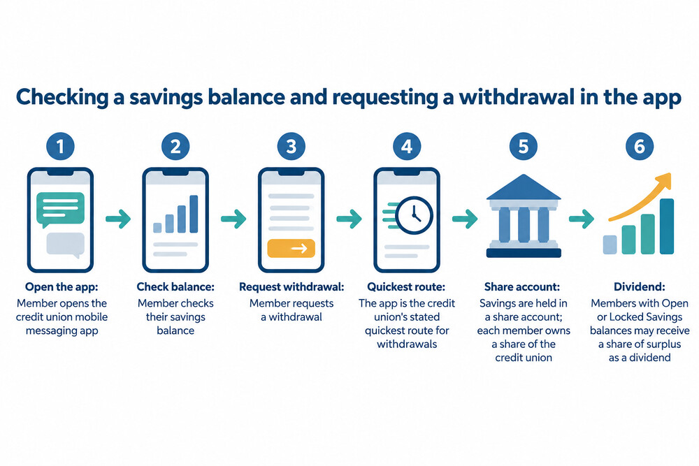 A member using the credit union's mobile messaging app to check a savings balance and request a withdrawal
