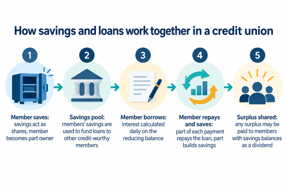 How a credit union pools members' savings to fund loans to other members