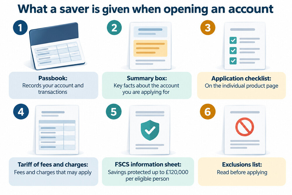 A building society passbook and a savings account summary box side by side