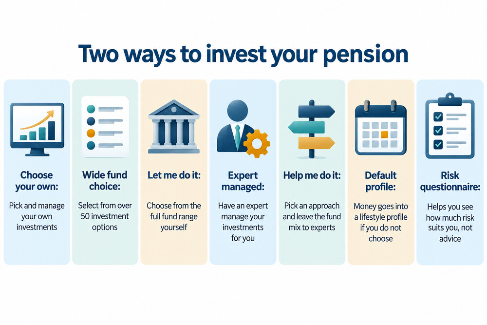 A side-by-side illustration of the two Standard Life investment routes: choosing your own funds from the range, or having an expert manage the investments