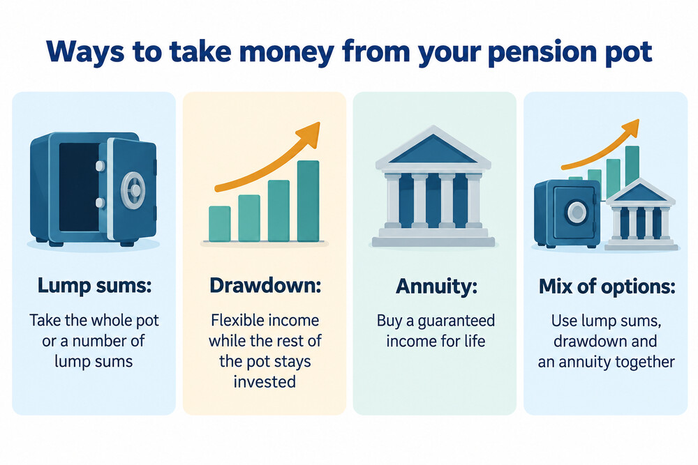 A diagram of the main ways to take money from a Standard Life pension at retirement: lump sums, adjustable income and an annuity