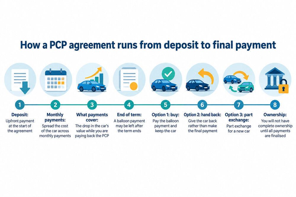 A timeline showing the stages of a PCP agreement from deposit to final payment