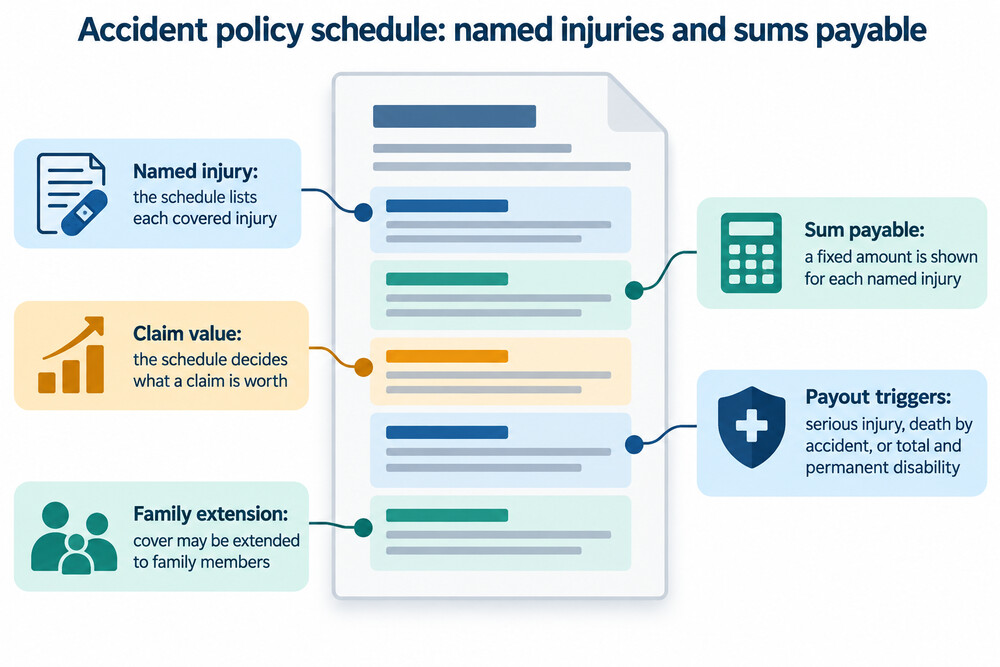 A page from an accident insurance policy schedule showing the list of covered injuries and the sum payable for each