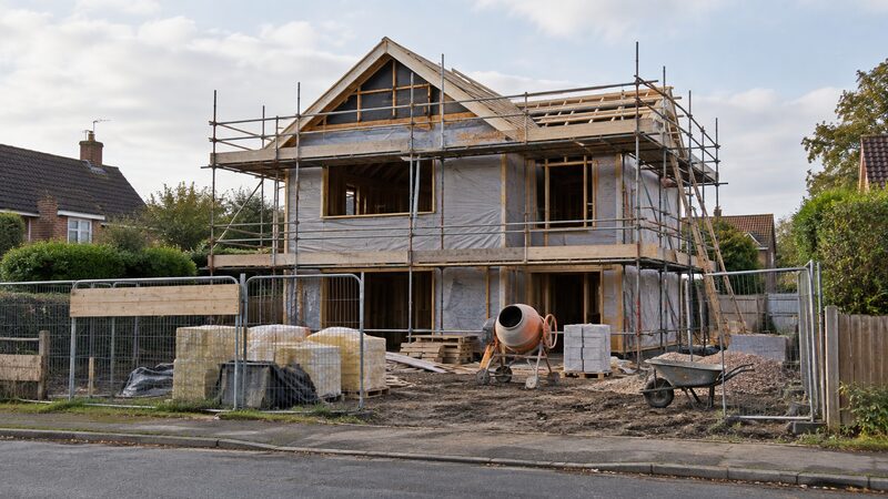 A timber frame self build house under construction, showing the structural frame before the walls are finished