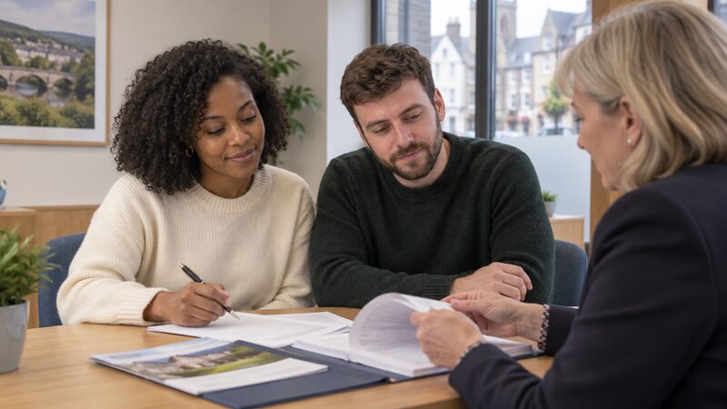 A mortgage adviser meeting a couple at a desk to discuss a home loan application