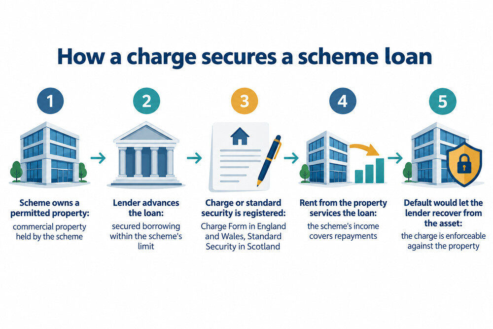A diagram showing how a charge over a scheme property secures a pension scheme loan