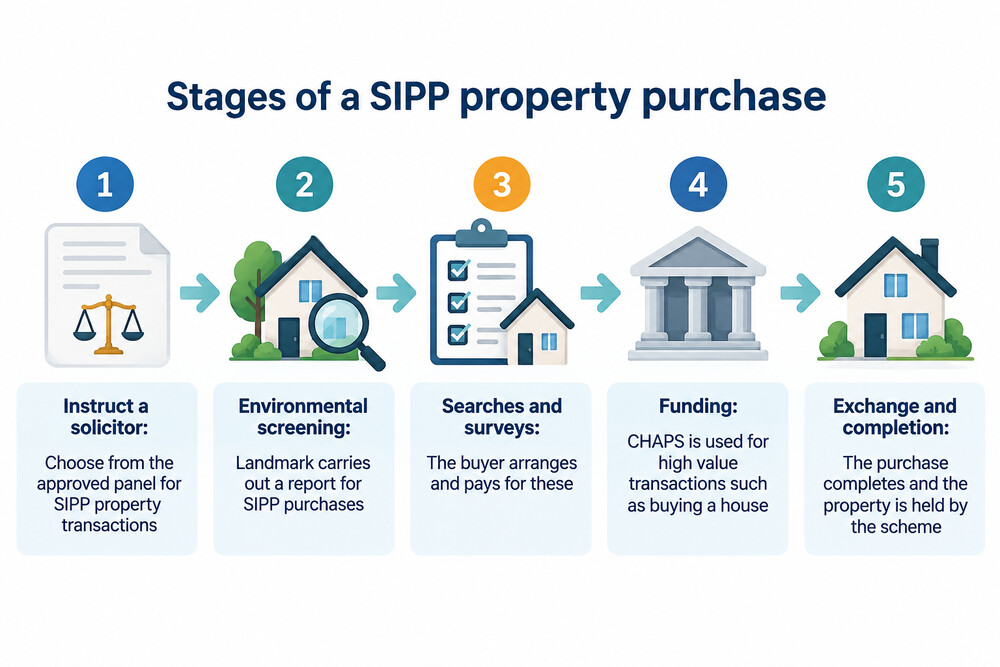 A diagram showing the stages of a pension scheme property purchase, from instruction of solicitors to completion