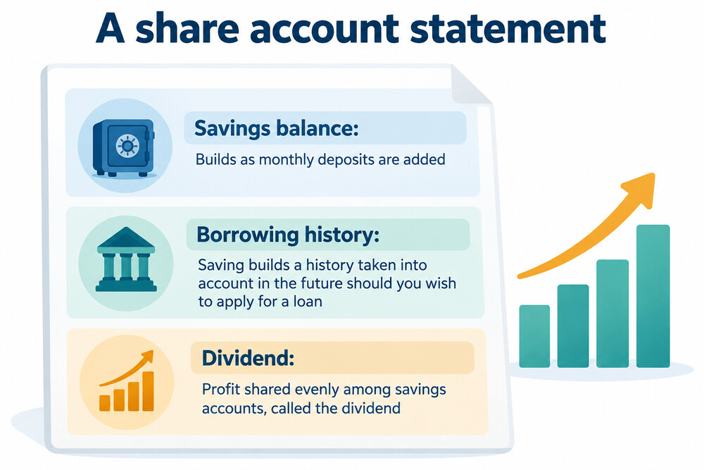 A share account statement showing monthly deposits building towards a total
