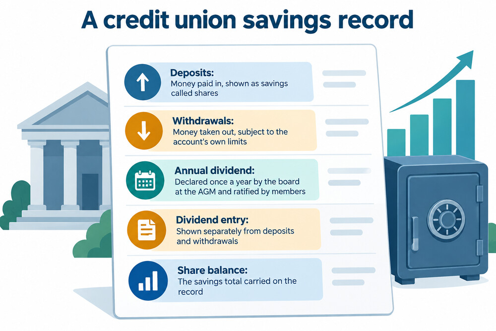 A credit union passbook or statement showing a savings balance and an annual dividend entry