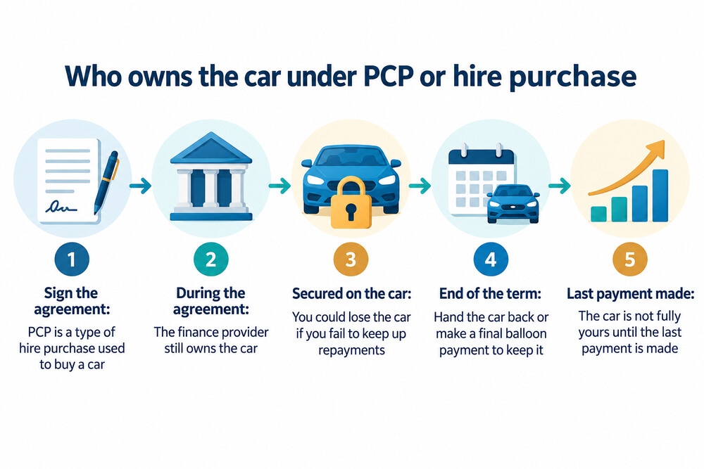 A finance agreement document showing the buyer and the finance company, with the car remaining the company's property until the final payment