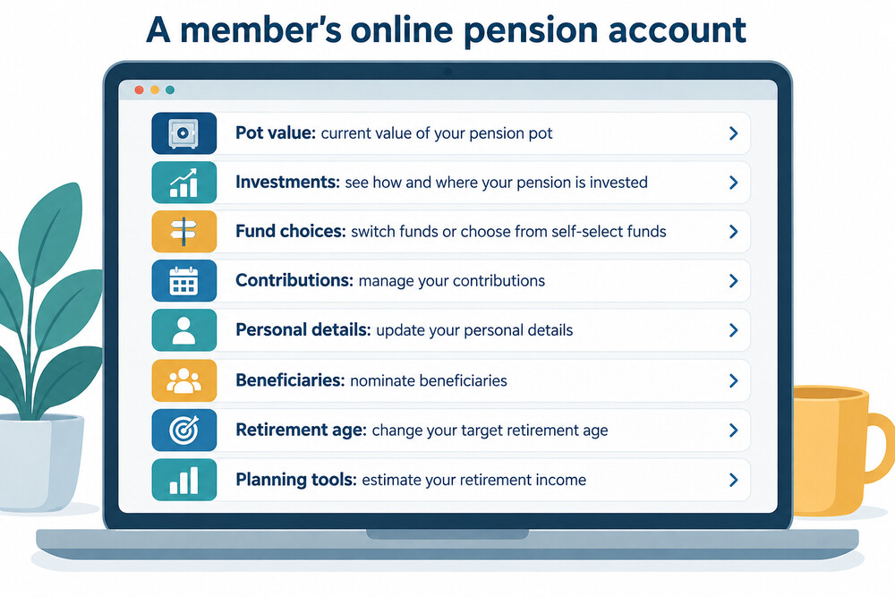 A member's view of a workplace pension account, showing the pot value and the fund choices