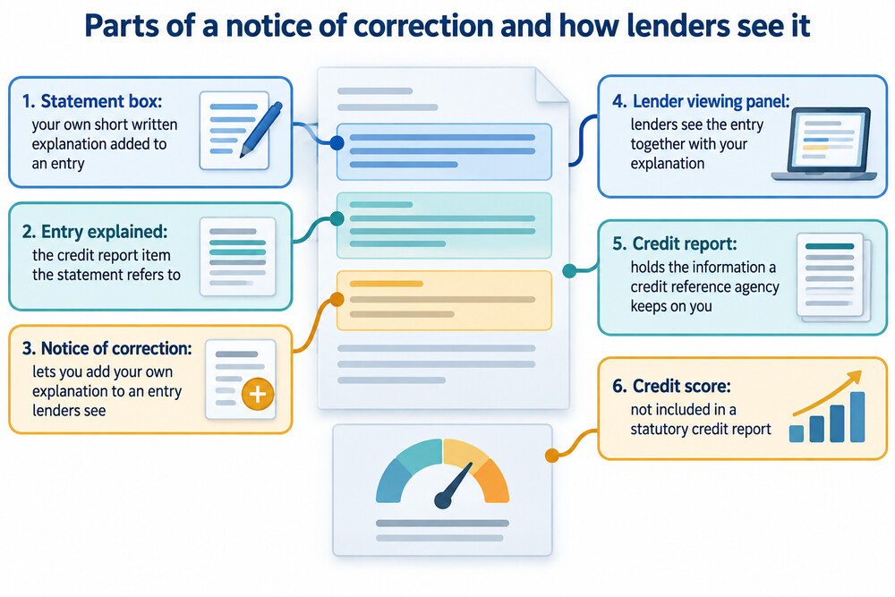 A notice of correction form with a short statement box and a lender viewing panel