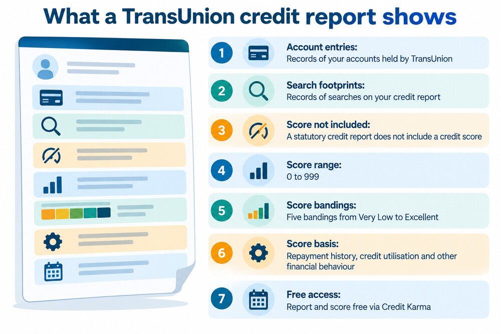 A credit report page showing account entries, search footprints and a score dial