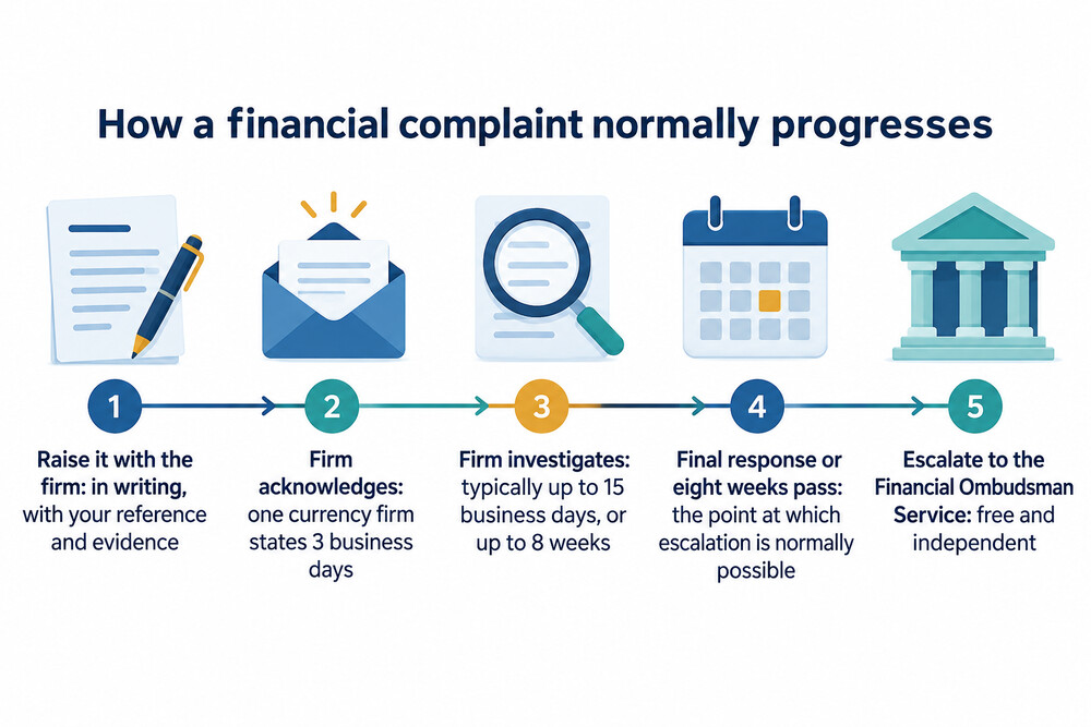 A timeline showing the stages of a financial complaint, from raising it with the firm to escalation