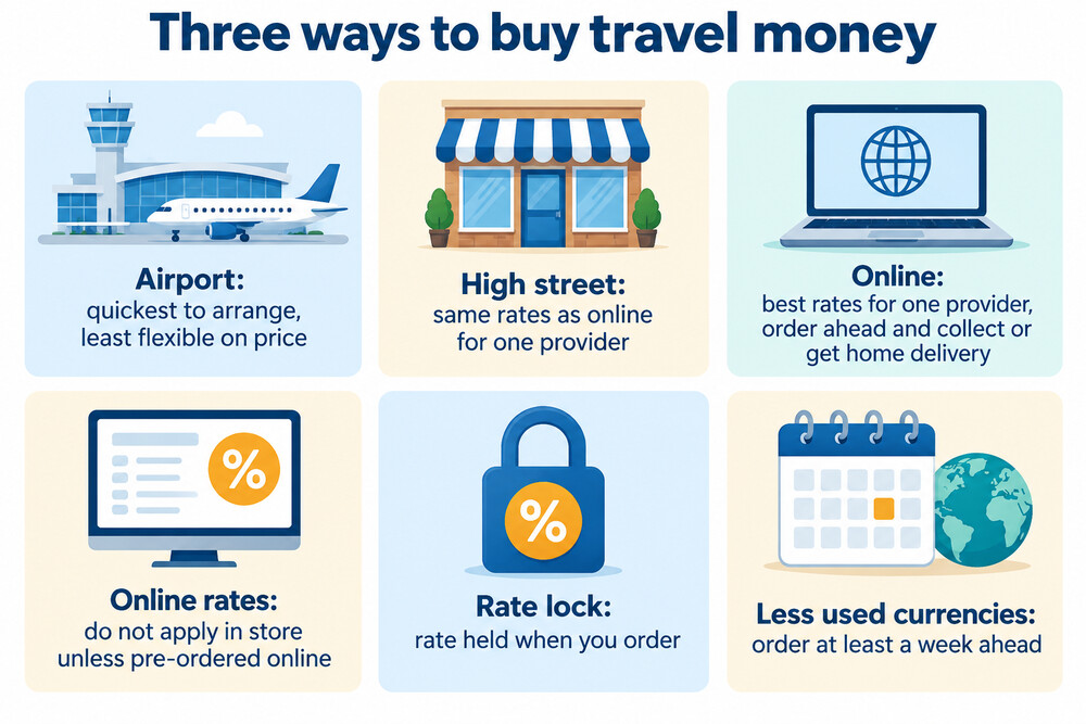 A comparison of the three ways to buy travel money from Travelex, showing what each costs in time and flexibility