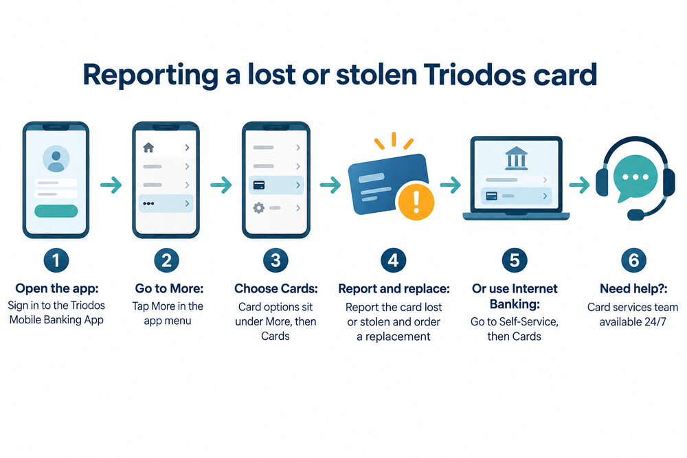 A phone showing the Triodos app with card controls, including the option to block a card and toggle contactless payments
