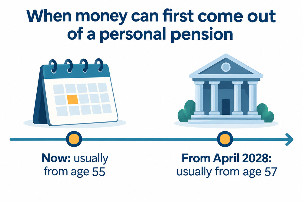 A timeline showing the minimum pension age of 55 changing to 57 in April 2028