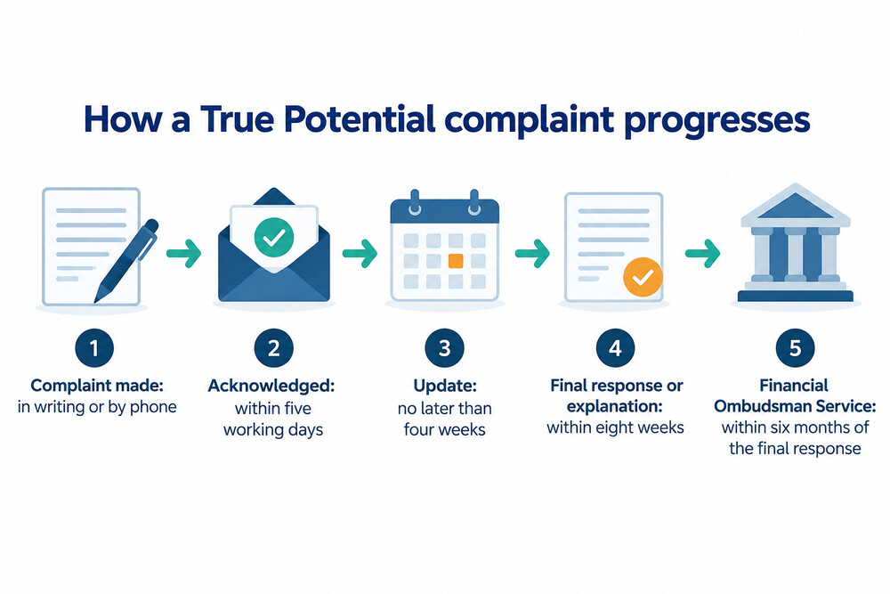 A timeline of the True Potential complaints stages from acknowledgement to ombudsman referral